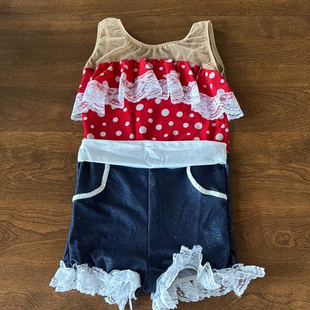 Vibrant Red and Blue Dance Costume with Playful Ruffles